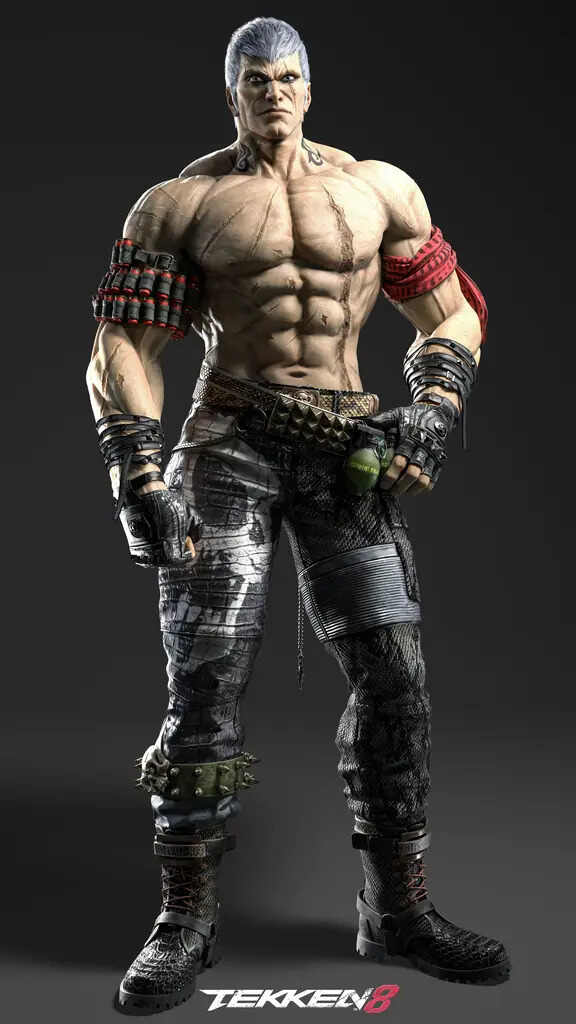 Tekken 8's Bryan Fury character render, featuring his distinctive silver hair and muscular build, clad in combat gear with a grenade belt and leather pants.