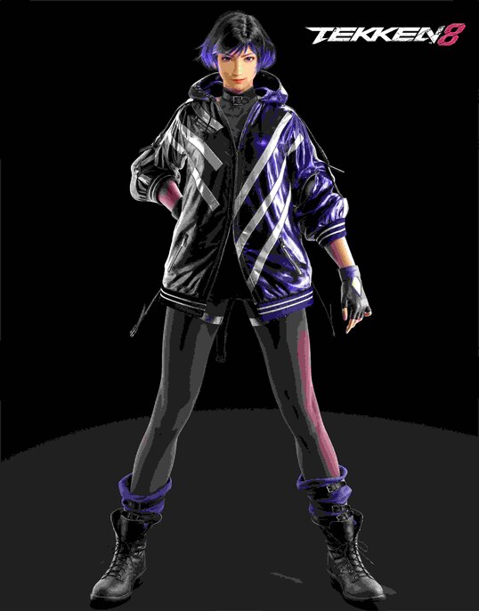 Tekken 8 character Reina standing confidently, with a trendy purple and black sports jacket, shorts, and combat boots, showcasing the latest in video game fashion and character design, set against a dark background with the Tekken 8 logo.