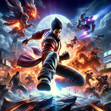 Dynamic action scene from Tekken 8 featuring a male character performing a high kick against a backdrop of fiery battles and mythical creatures under a moonlit sky.