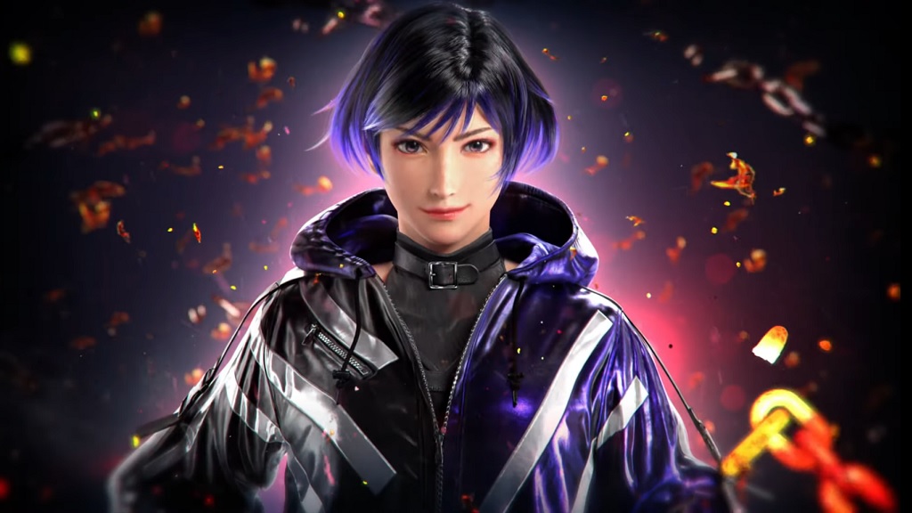 Tekken 8 character Reina standing confidently, with a trendy purple and black sports jacket, shorts, and combat boots, showcasing the latest in video game fashion and character design, set against a dark background with the Tekken 8 logo.