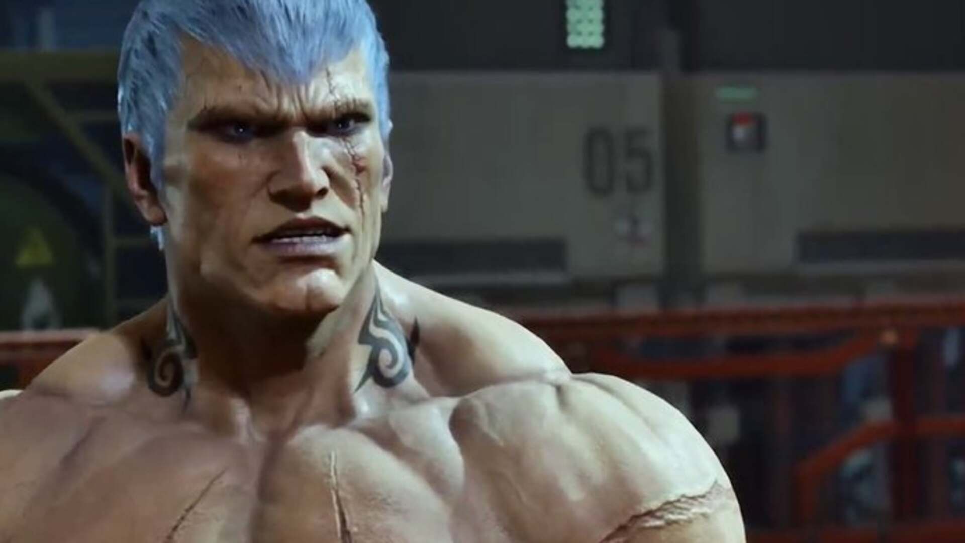 Tekken 8's Bryan Fury character render, featuring his distinctive silver hair and muscular build, clad in combat gear with a grenade belt and leather pants.